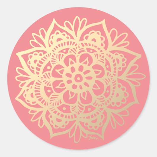 Gouden en roze mandala bloem ronde sticker (Voorkant)