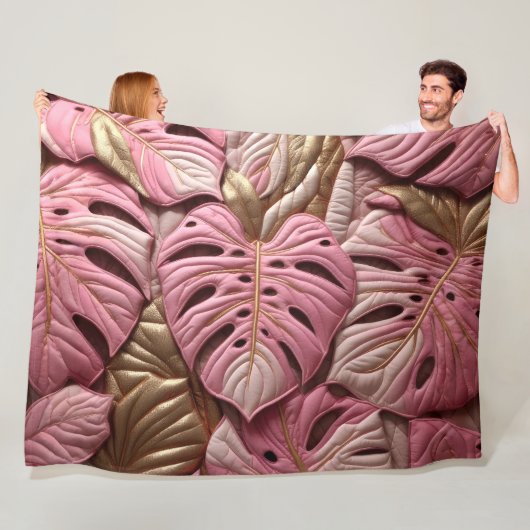Gouden en Roze Monstera bladeren Design Fleece Deken (In situ)