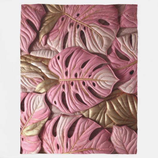 Gouden en Roze Monstera bladeren Design Fleece Deken (Voorkant)