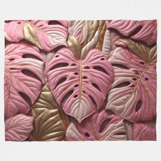 Gouden en Roze Monstera bladeren Design Fleece Deken (Voorkant (Horizontaal))