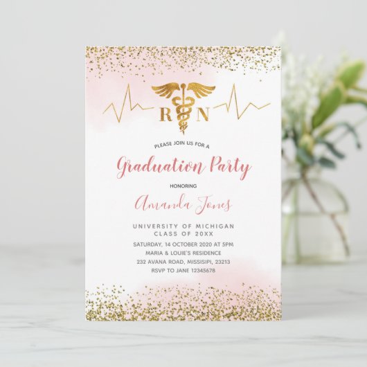 Gouden en roze RN Nurse Graduation Party Kaart (Staand voorkant)
