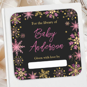 Gouden en Roze Sneeuwvlokken Baby Shower Ex-Libris Vierkante Sticker
