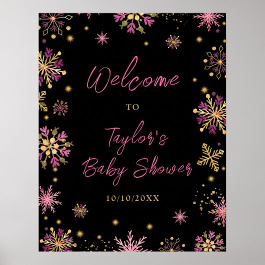 Gouden en Roze Sneeuwvlokken Baby shower Welkom Poster (Voorkant)