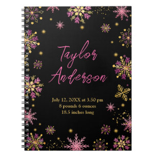 Gouden en Roze Sneeuwvlokken Geboorte Stats Notitieboek
