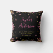 Gouden en Roze Sneeuwvlokken Geboortestatus Kussen (Voorkant)