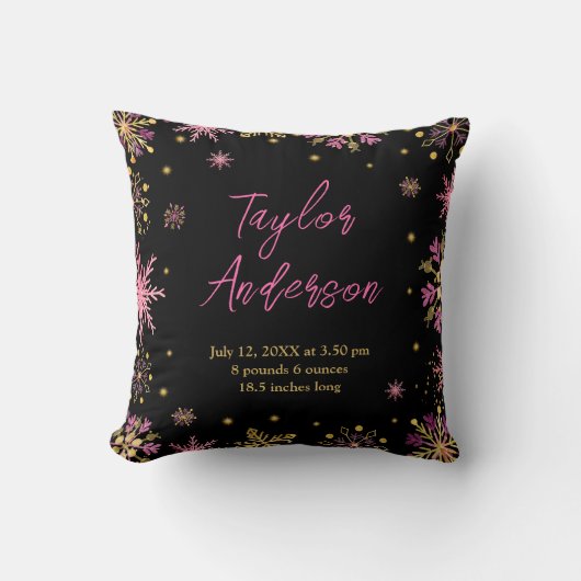Gouden en Roze Sneeuwvlokken Geboortestatus Kussen (Voorkant)