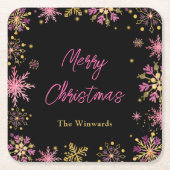 Gouden en roze sneeuwvlokken kerstfeest kartonnen onderzetters (Voorkant)