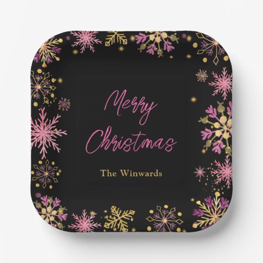 Gouden en roze sneeuwvlokken kerstfeest papieren bordje (Voorkant)