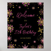 Gouden en Roze Sneeuwvlokken Verjaardagsfeest Welk Poster (Voorkant)