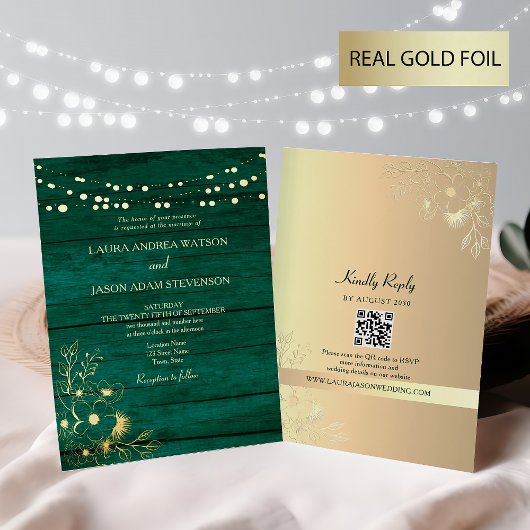 Gouden en Smaragdgroene Trouw QR Code Folie Uitnodiging