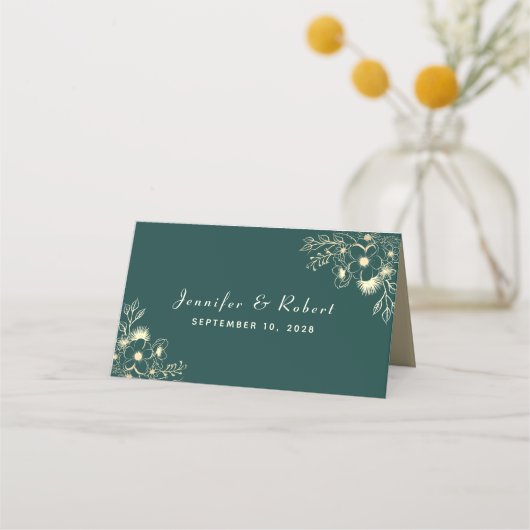 Gouden en smaragdgroene trouwplaatskaart plaatskaartje (Achterkant)