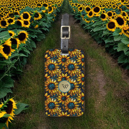 Gouden en Teal Zonnebloem Gebrandschilderd Monogra Bagagelabel