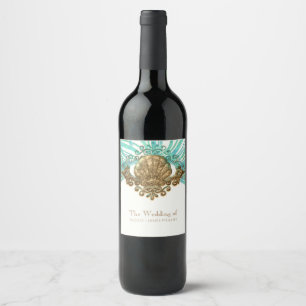 Gouden en turquoise zeeschelp glamour strand wijnl wijn etiket