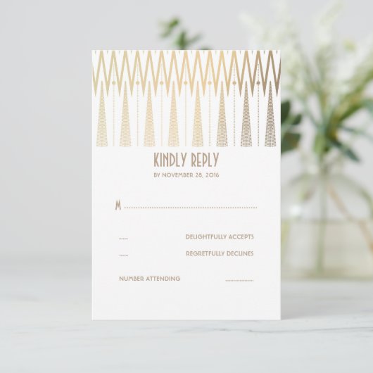 Gouden en witte Art Deco bruiloft RSVP Kaarten (Staand voorkant)