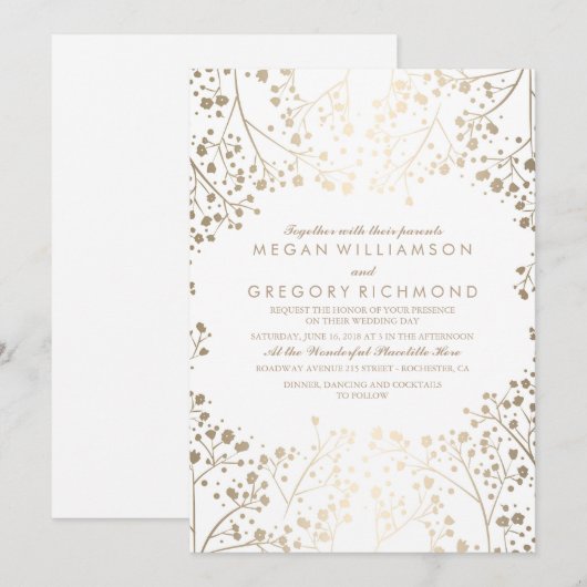 Gouden en Witte Baby's Breath Bloemen Huwelijk Kaart (Voorkant / Achterkant)