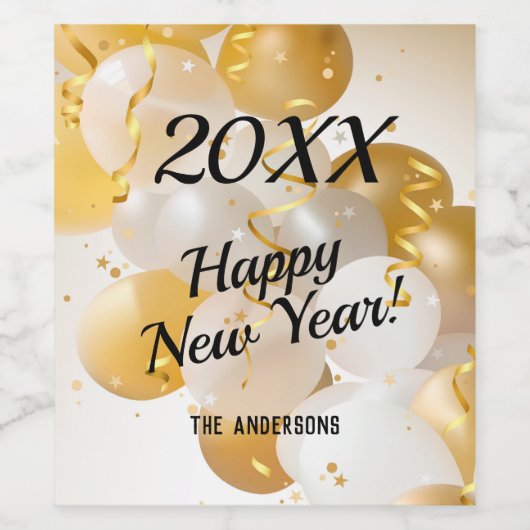 Gouden en witte ballonnen Streamers Oudejaarsavond Wijn Etiket (Enkel label)