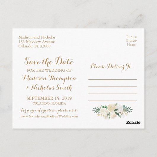 Gouden en witte bloem Bewaar de datum Briefkaarten (Achterkant)