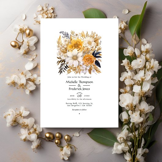 Gouden en Witte Bloem Bruiloft Kaart