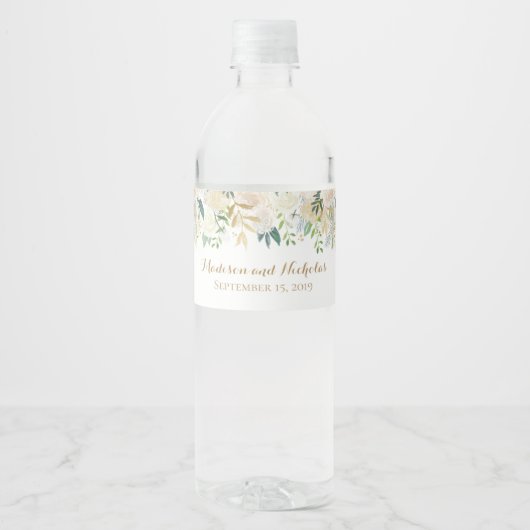 Gouden en Witte Bloem Bruiloft Water Fles Labels Waterfles Etiket (Voorkant)