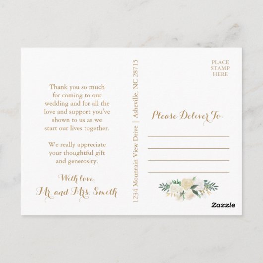 Gouden en Witte Bloem Huwelijks Dankkaartjes Briefkaart (Achterkant)