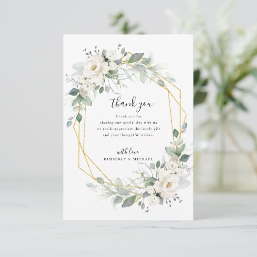 Gouden en witte bloemen geometrische bruiloft bedankkaart (Staand voorkant)