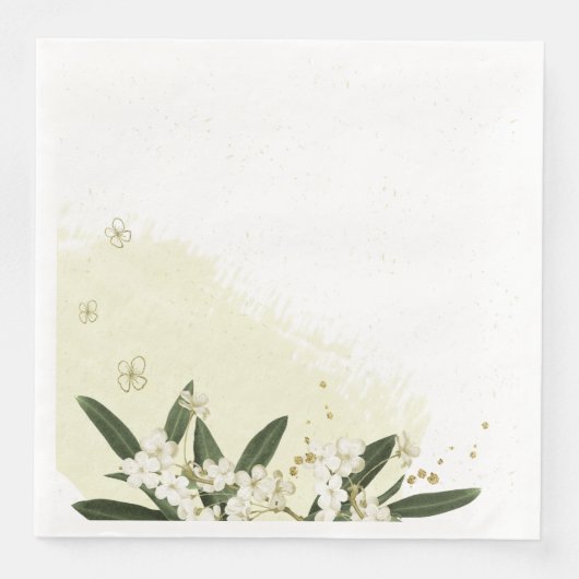 gouden en witte bloemen groene bladeren bruiloft servet (Voorkant)