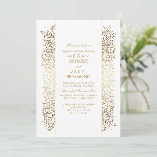Gouden en witte bloemen verlovingsfeest kaart (Staand voorkant)