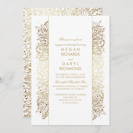 Gouden en witte bloemen  verlovingsfeest kaart (Voorkant / Achterkant)