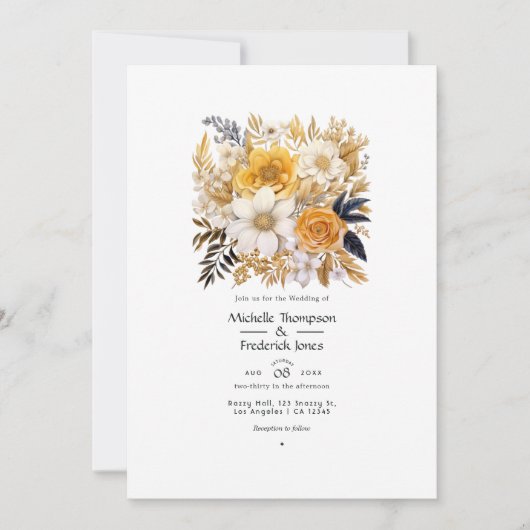 Gouden en witte bloemenbruiloft kaart (Voorkant)