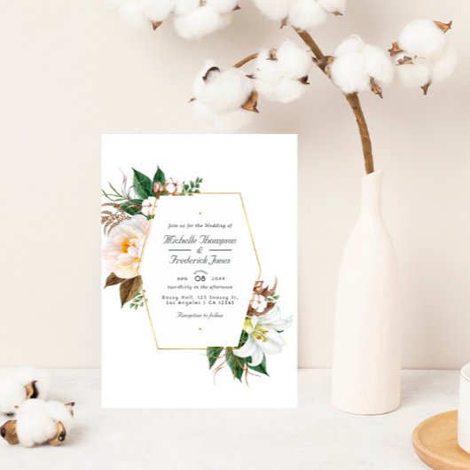 Gouden en Witte Bloemencode QR Code RSVP Huwelijk Kaart