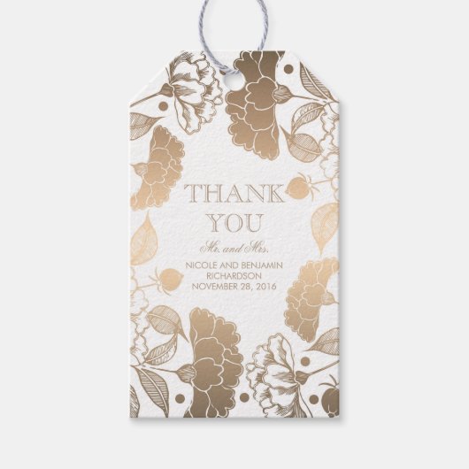 Gouden en witte bloemenkrans - Pioenenbruiloft Cadeaulabel (Voorkant)