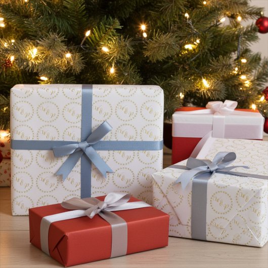 Gouden en witte bruid en bruidegom Monogrammed Cadeaupapier