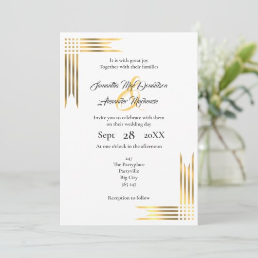 Gouden en witte bruiloft kaart (Staand voorkant)