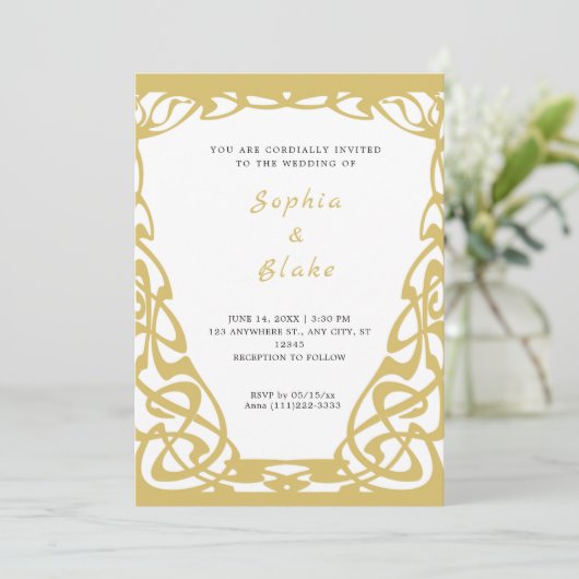 gouden en witte deco-bruiloft kaart (Staand voorkant)