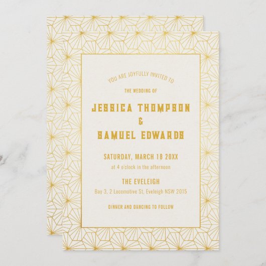 Gouden en witte geometrische Art Deco bruiloft Kaart (Voorkant / Achterkant)