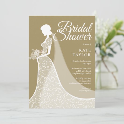 Gouden en witte kanten jurk bruids douche uitnodig kaart (Staand voorkant)