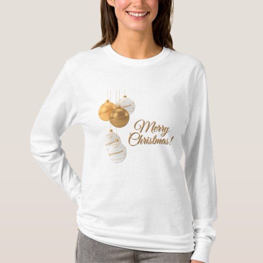 Gouden en Witte Kerstballen Aangepaste Tekst T-shirt (Voorkant)