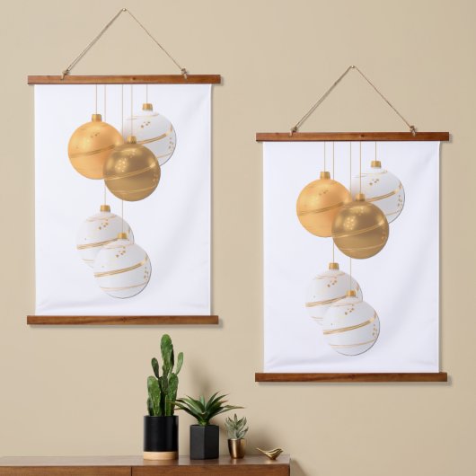 Gouden en witte kerstballen ontwerp hangend wandkleed (Asymmetrisch)