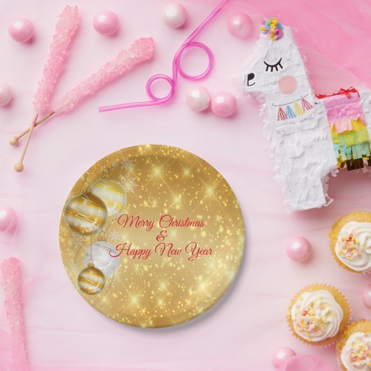 Gouden en witte kerstballen papieren bordje (Feest)