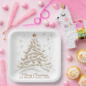Gouden en witte kerstboom met familienaam papieren bordje (Feest)