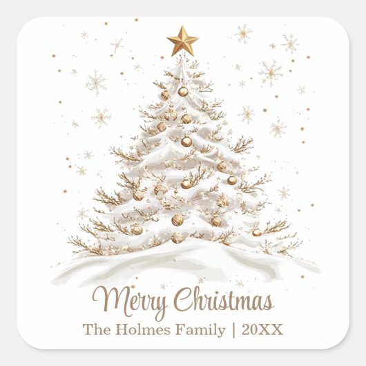 Gouden en witte kerstboom met familienaam vierkante sticker (Voorkant)