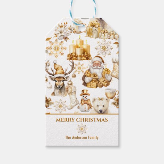 Gouden en witte kerstsymbolen cadeaulabel (Voorkant)