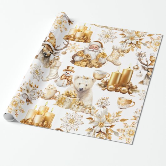 Gouden en witte kerstsymbolen inpakpapier (Uitgerold)