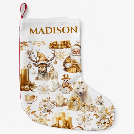 Gouden en witte kerstsymbolen kleine kerstsok (Voorkant)