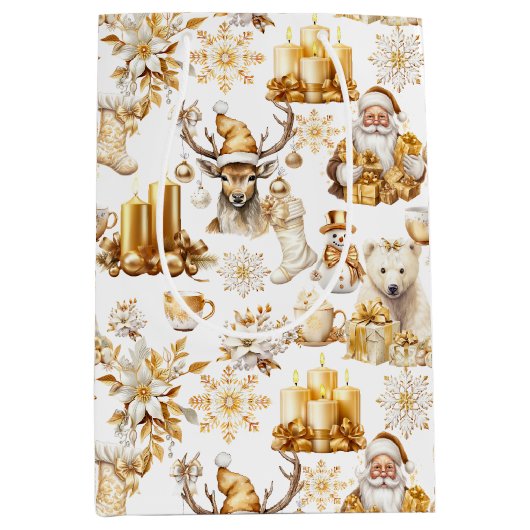 Gouden en witte kerstsymbolen medium cadeauzakje (Voorkant)