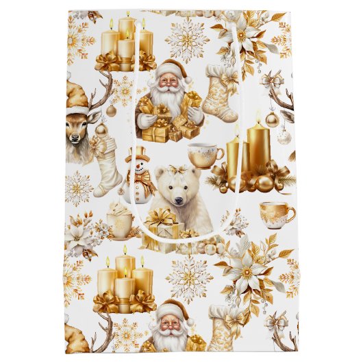 Gouden en witte kerstsymbolen medium cadeauzakje (Achterkant)