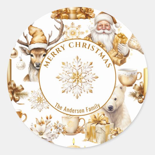 Gouden en witte kerstsymbolen ronde sticker (Voorkant)