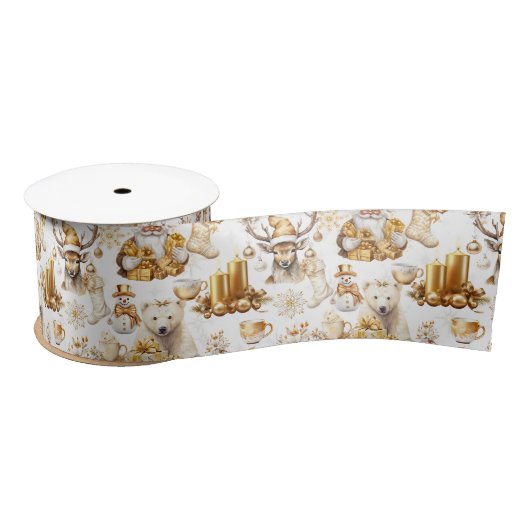 Gouden en witte kerstsymbolen satijnen lint (Spoel)