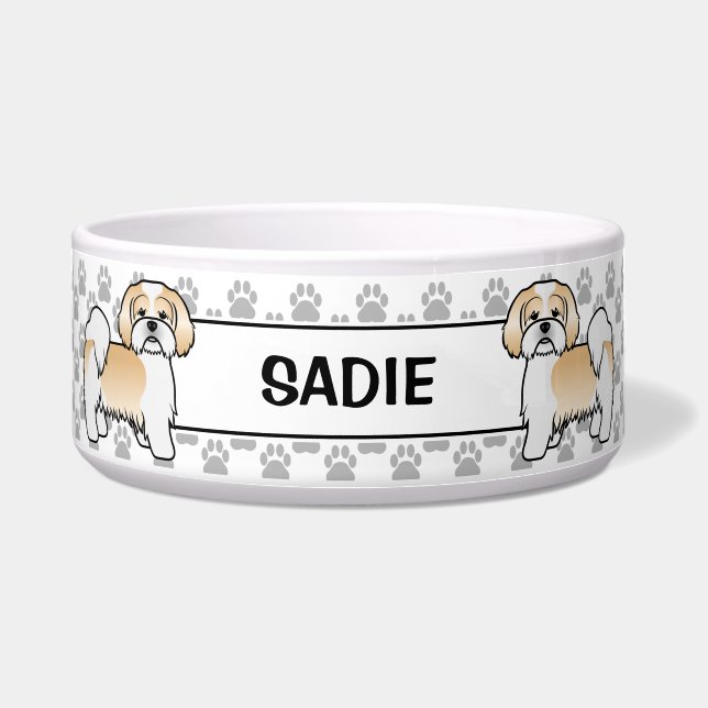 Gouden En Witte Lhasa Apso Hond Met Poten & Naam Voerbakje (Voorkant)