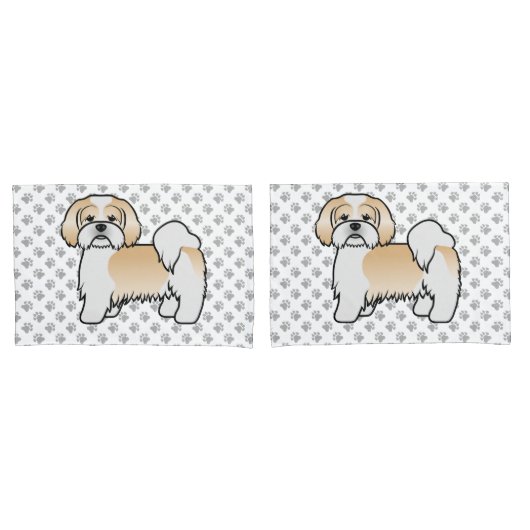 Gouden en witte Lhasa Apso Schattige Cartoon Hond Kussensloop (Voorkant-Set)